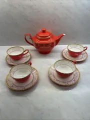 Teavana Exclusive Collection Bone China Ruby & Gold Teapot/4 Tea Cups Set New