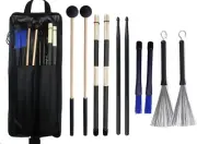 Drumstick Bag with Floor Tom Hooks Includ 5 Pairs Drum Sticks Mallets Brushes Se