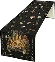 Sun Moon Moth Mushroom Table Runner Moon Phase Floral Seasonal Spring Autumn Gothic Tarot Dinner Runner for Farmhouse Kitchen Dining Table Holiday Party Decoration 13"x60"