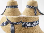 Miu Miu Gingham Fishing Hat Raffia Bucket Hat Switch Like Dust Bag Cap Hat M