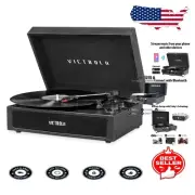 Portable Parker Bluetooth Suitcase Record Player with 3-Speed Turntable, Black