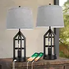 2-Light Farmhouse Rustic Touch Table Lamps Grey, 3-Way Dimmable Bedside Lamps wi