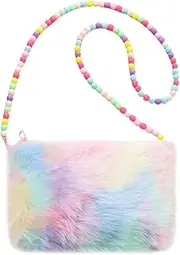 [Generic] Kids Girls Fluffy Crossbody Purse Fuzzy Bag Plush Tie Dye Rainbow Shoulder Bag Handbag Wallet