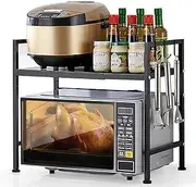 Expandable Microwave Oven Rack with 6 Removable Hooks Heavy Duty Adjustable Microwave Stand for Kitchen Storage Counter Top Organizer Black (1-Tier)