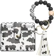 [SUIKIHUM] Card Holder Wallet with Silicone Beaded Bracelet, Slim PU Leather Wallet for Women, Compact and Lightweight Design for Daily Use, Black and White Leopard, Black and White Leopard, Daily