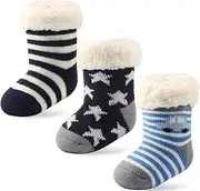 [Cotton Talk] 3 Pairs Newborn Infant Toddler Slipper Socks Baby Girls Boys Grips Socks Christmas Socks Kids Sherpa-lined Fuzzy Home Socks