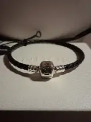 AUTHENTIC PANDORA LEATHER BRACELET BLACK SQUARE BRACELET 6.75 Inches