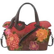 Leather Bags For Women Top Handle Retro Flower Pattern Handbags-Red