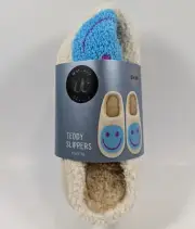 Wayland Square Teddy Slippers Blue Smiley Face Women’s Size XS X-Small (3-4) New