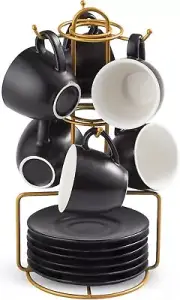 Cups with Saucers Set of 6 and Metal Stand, Porcelain Mugs Cups Coffee Tea Gifts
