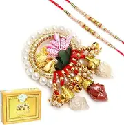 Ghasitaram Gifts Rakhi Gifts Pooja Thali - RM683 Tika Chawal Container with 2 Pearl rakhis with 400 GMS of Soan Papdi