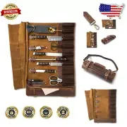 Timeless Handmade Buffalo Leather Knife Roll - XXL with 14 Compartments & Straps
