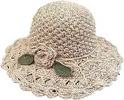 [Generic] Elegant Crochet Straw Hat with Ruffle Detail, Foldable Wide Brim Sun Hat Handwoven for Travel