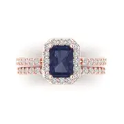 2.22Ct Emerald Cut Sapphire Gemstone Bridal Set (Ring + Band) Solid Rose Gold