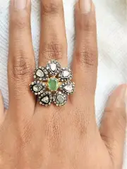 Handmade Emerald and flat diamonds silver ring with gold polish- victorian ring