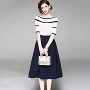 [Blutech] New Off-The-Shoulder Knit Coat + Skirt Two-Piece Suit Skirt Top Classic Matching Work Set (Color : As Show, Size : XXL)
