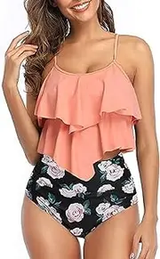 [Generic] Womens Tankini Swimsuits Ruffled Tank Top Tummy Control Floral Modest Swimwear High Waisted Bikini