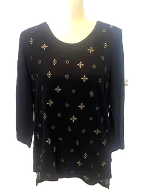 Vince Camuto Black w/Gold Design Sheer Chiffon Back 3/4 Sleeve Hi/Low Hem Top-S)