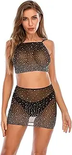 [FYMNSI] Women Sexy Sparkle Rhinestone Teddy Fishnet Off Shoulder Bodysuit Tops Long Sleeve One Piece Clubwear Lingerie Mesh