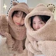 Bear Earring Chenille Hooded Scarf with Mittens Premium - White - One Size