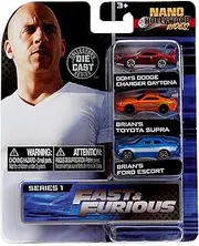 Jada Toys Fast & Furious Nano Hollywood Rides Dom's Dodge Charger Daytona, Brian's Toyota Supra and Brian's Ford Escort, 1.75" Die-Cast Vehicles