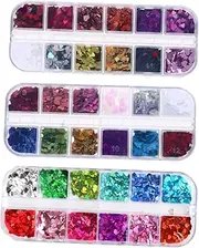 SOESFOUFU 3 Boxes Iridescent Butterfly Heart Nail Glitter Sequins Nail Art Stickers for Creative Nail Designs Includes 12 Grids Each of RX01 RX03 Nail Decals and Glitter