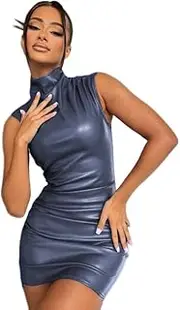 [Generic] Women's Sexy Fabric Sleeveless Mini Dress Turtleneck Ruched Tank Dress Party Club Bodycon Dresses