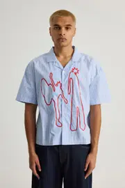 [Factorie] Factorie - Notion Boxy Cropped Short Sleeve Shirt - Notion overlay blue pinstripe S NOTION OVERLAY BLUE PINSTRIPE