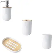 HOLIDYOYO Bamboo Plastic 1 Set Soap Plates Bottles Toothbrush Cups Bathroom Supplies Set White