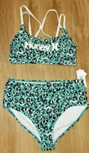 HURLEY Womens 2 Piece SWIMSUIT - Size 1X - High Waisted Bikini Teal Leopard NWT