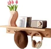 Oak Wood Wall Shelf with 6 Hooks, Entryway Shelf Coat Rack with Hooks Floating S