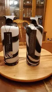 2 Black & White Hand Made Glass Vases From Poland