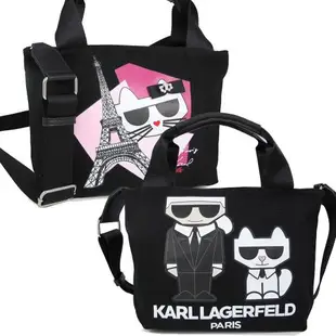 KARL LAGERFELD 卡爾貓黑/巴黎鐵塔帆布小托特兩用包(黑色)