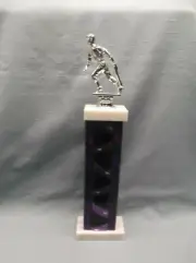BASEBALL trophy batter male cast metal silver purple column marble base