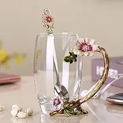 JY-Danbady Enamel Sunflower Crystal Lead-Free Glass Tea Cup with Spoon Set, Best Present for Mother, Grandma, Girlfriend, Sister.