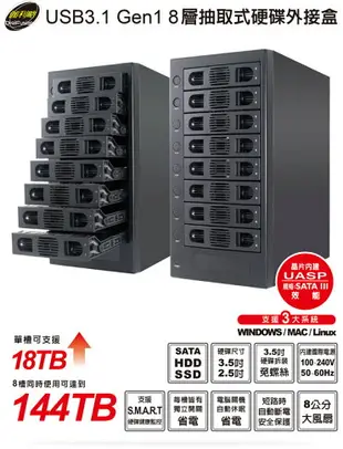 (可詢問訂購)DigiFusion伽利略 35D-U38 USB3.1 Gen1 SATA 8層抽取式硬碟外接盒