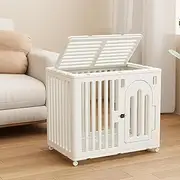 Resin dog crate, furniture dog crate, indoor dog crate, multi-functional dog crate with universal wheels, can rotate 360°, with tray and comfortable pet mat, suitable for small, neutral dogs(White,S)