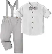 [Volunboy] Baby Boys' Suit, Children's Linen Long Sleeve Shirt with Bow Tie + Braces Trousers, Pack of 4 Suit, Light Grey, 12-18 Months