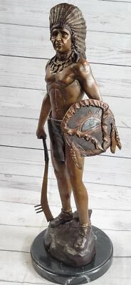 Native American Indian Warrior Bronze Metal Statue Sculpture on Marble Base