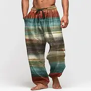 Men's Color Block Striped Trousers Baggy Pants Casual Pants Mid Waist Retro Vintage Outdoor Vacation Elastic Drawstring Waist Linen-Like Pants with Pockets Sum