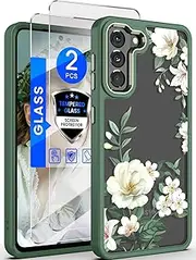 [Dretal] for Samsung Galaxy S21 5G Case Floral, Military Grade Drop Tested Hard Back & Soft Edge Slim Flower Women Girls Phone Protective Cover + Tempered Glass Screen Protector for Galaxy S21（Green