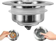 ADERTOS Sink Plug Pop Up Plug for Kitchen Sink Stainless Steel and ABS Drain Plug Drain Plug for Pressing with Anti Clogging Sieve for Hole Width 70-86 mm, Depth > 22 mm