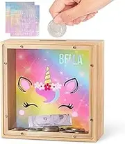 MHJY Money Box for Kids, Wooden Piggy Banks for Girls Boys Unicorn Money Jar Coin Bank with DIY Alphabet Stickers