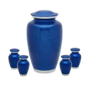 Set of Blue Aluminum Funeral Cremation Urns for Ashes - Adult & 4 Keepsakes