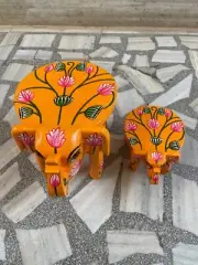 Indian Carved Chowki Stool Wooden Hand Made Indian Traditional Art Elephant Set