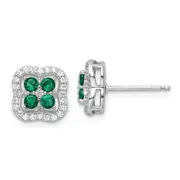 Sterling Silver Rhod-Plated Polished Green & White Cz Clover Post Earrings