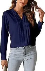 [SPRING SEAON] Women's Elegant Blouse Long Sleeve V-Neck Jacket for Leisure and Office, Pleated Front Chiffon Shirt