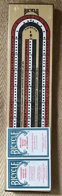 Bicycle Cribbage Board Game Wooden 3-Track Color Coded - Metal Scoring Pieces