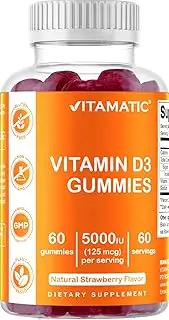 Vitamatic Vitamin D3 Gummies - 5000 IU - 60 Vegan Gummies - Great Taste - Healthy Bones, Teeth, Mood, Joint & Immune System Function