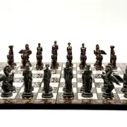Mosaic Marble Pattern Wooden Folding Chess Set and Metal Pegasus Chess Pieces